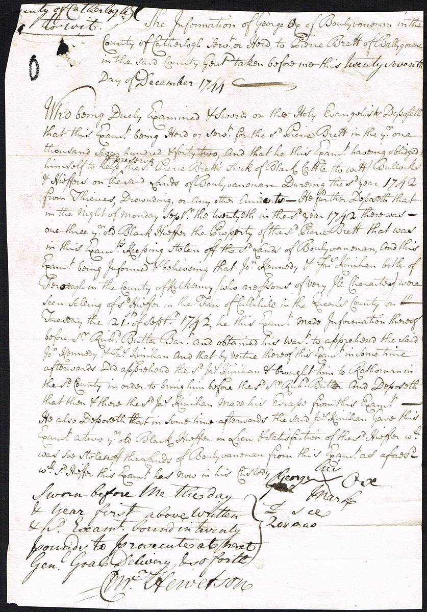 1744 manuscripts relating to cattle rustling in Carlow and Kilkenny. (3) at Whyte's Auctions