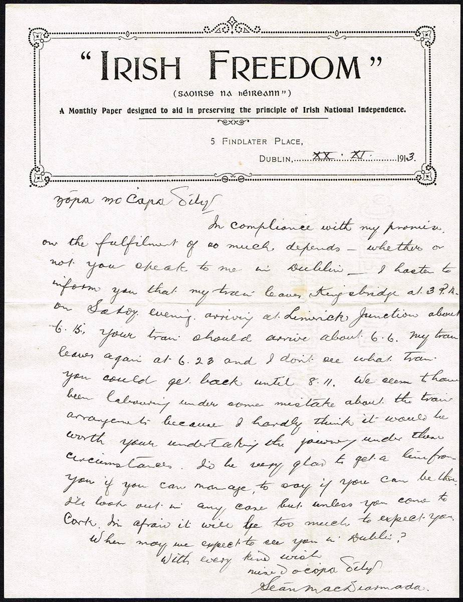 [1916] Letter from Sen Mac Diarmada (Sen McDermot), signatory to the Proclamation of The Irish Republic at Whyte's Auctions
