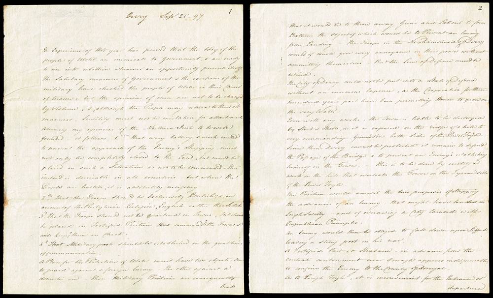 1797 (September & November) Memoranda from General Sir John Knox on the defence of Ulster from invasion by United Irishmen and French forces. at Whyte's Auctions