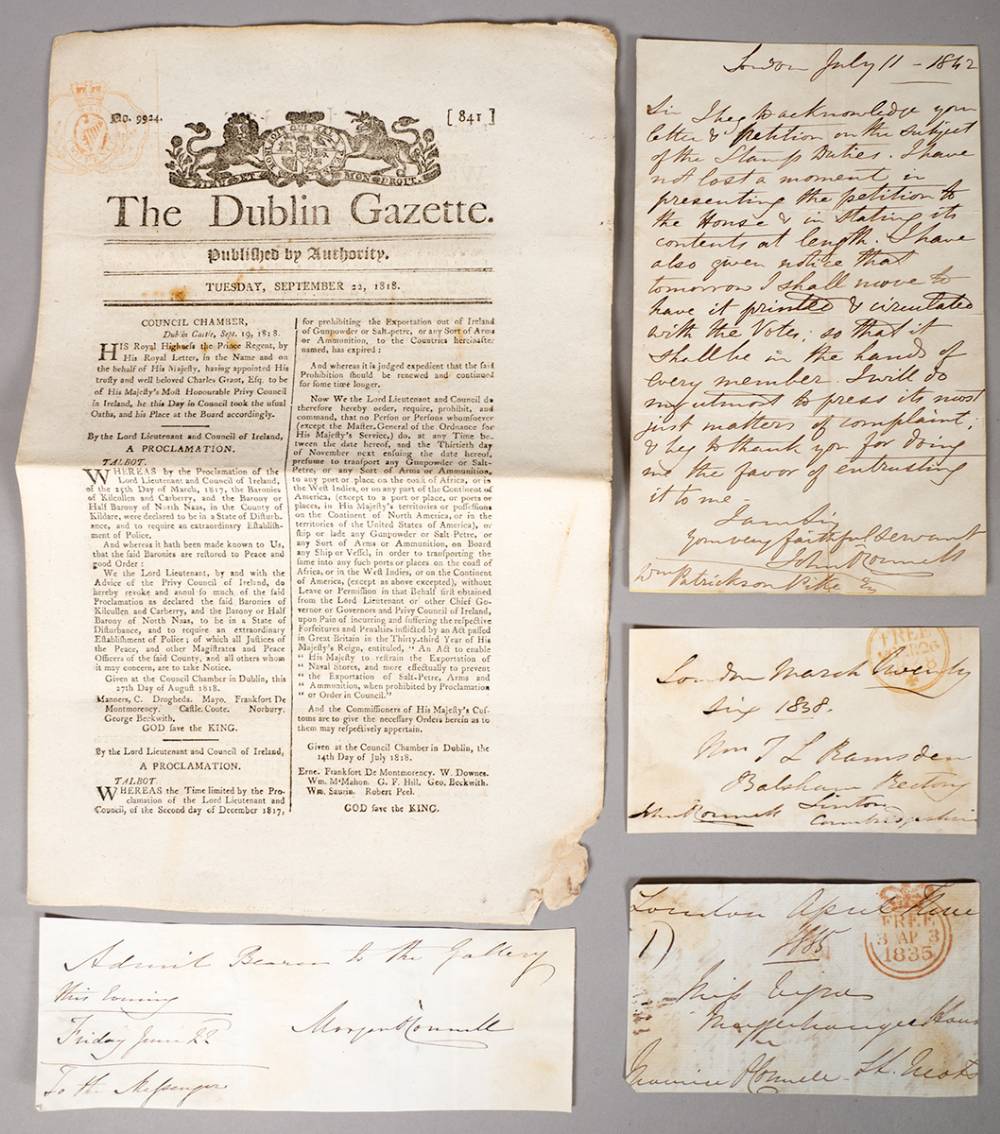 1842 (11 July) letter from Daniel O'Connell's son, John O'Connell MP, and other related manuscripts. at Whyte's Auctions