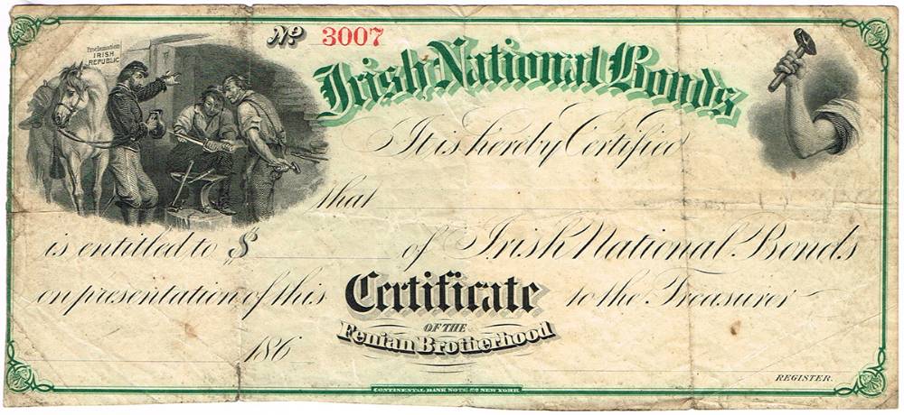 1866 Irish National Bonds Certificate to raise funds for the Fenian Rising. at Whyte's Auctions