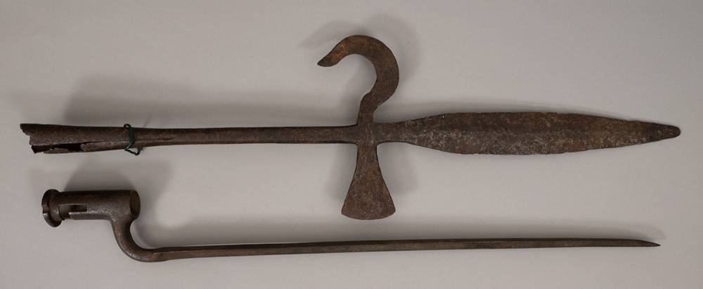18th century pike head and socket bayonet of types used in the 1798 Rebellion. at Whyte's Auctions