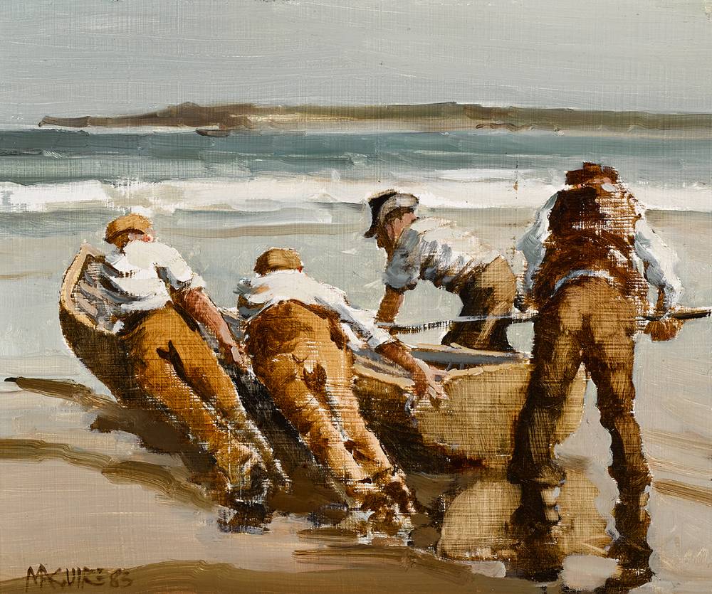 LAUNCHING CURRACH, INISHMAAN, COUNTY GALWAY, 1983 by Cecil Maguire RHA RUA (1930-2020) at Whyte's Auctions