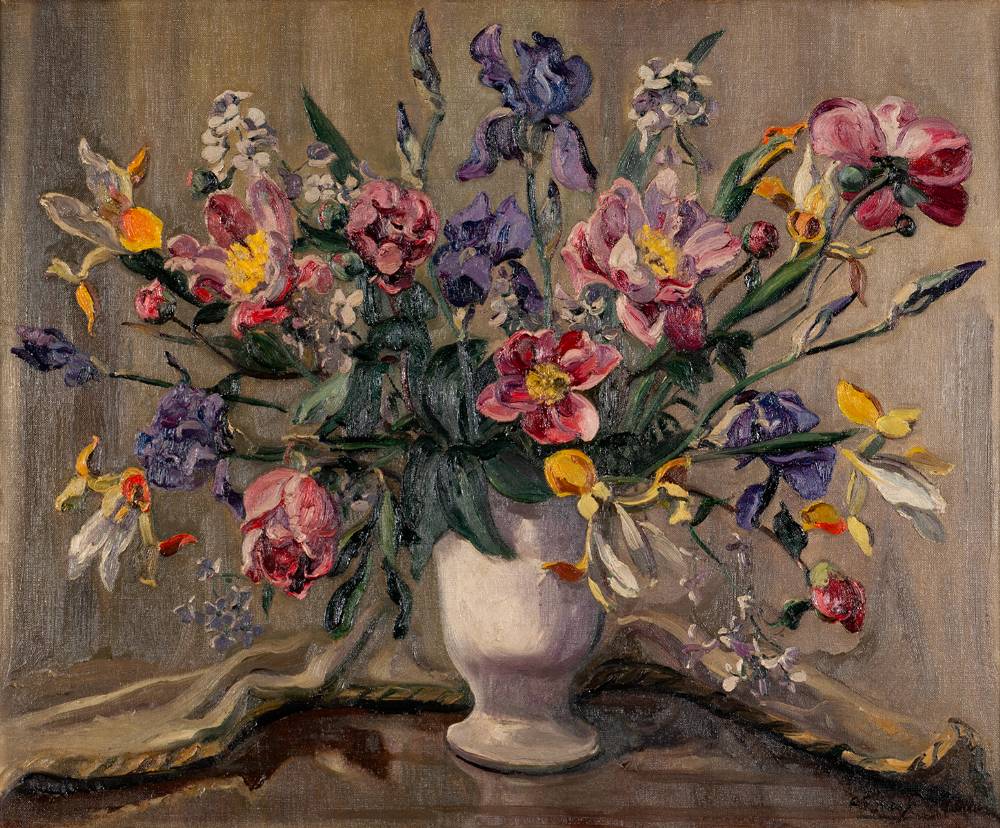 DUTCH IRIS AND SINGLE PEONY by Anne Primrose Jury sold for 480 at Whyte's Auctions