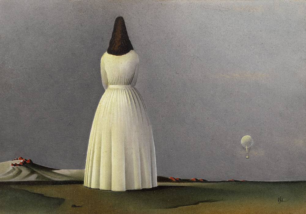 LANDSCAPE WITH WOMAN AND HOT AIR BALLOON by Nevill Johnson (1911-1999) at Whyte's Auctions