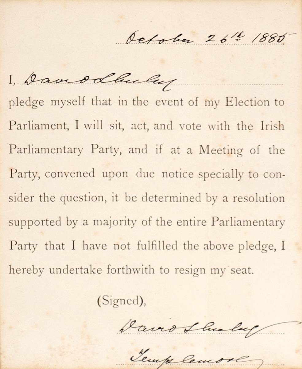1885 (26 October) David Sheehy, Irish Parliamentary Party pre-election pledge to 'sit, act and vote' with the IPP. at Whyte's Auctions