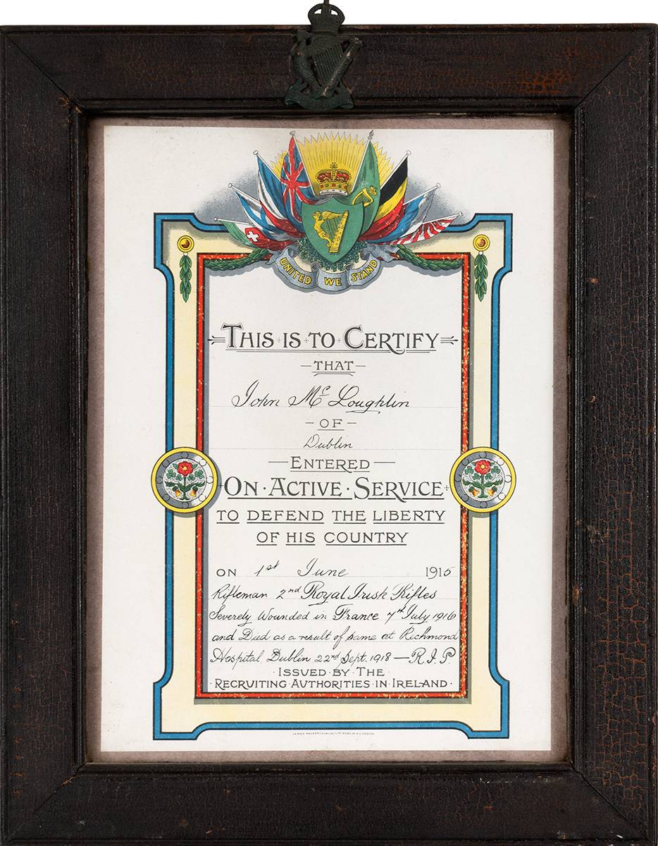1914-18 World War I Certificate of Active Service for Royal Irish Rifleman. at Whyte's Auctions
