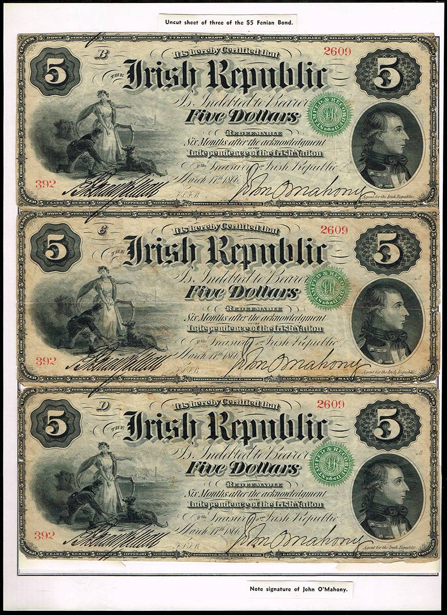 1866 Irish Republic Five Dollars Bond issued by the Fenian Brotherhood in the USA. A very rare uncut proof strip of three. at Whyte's Auctions