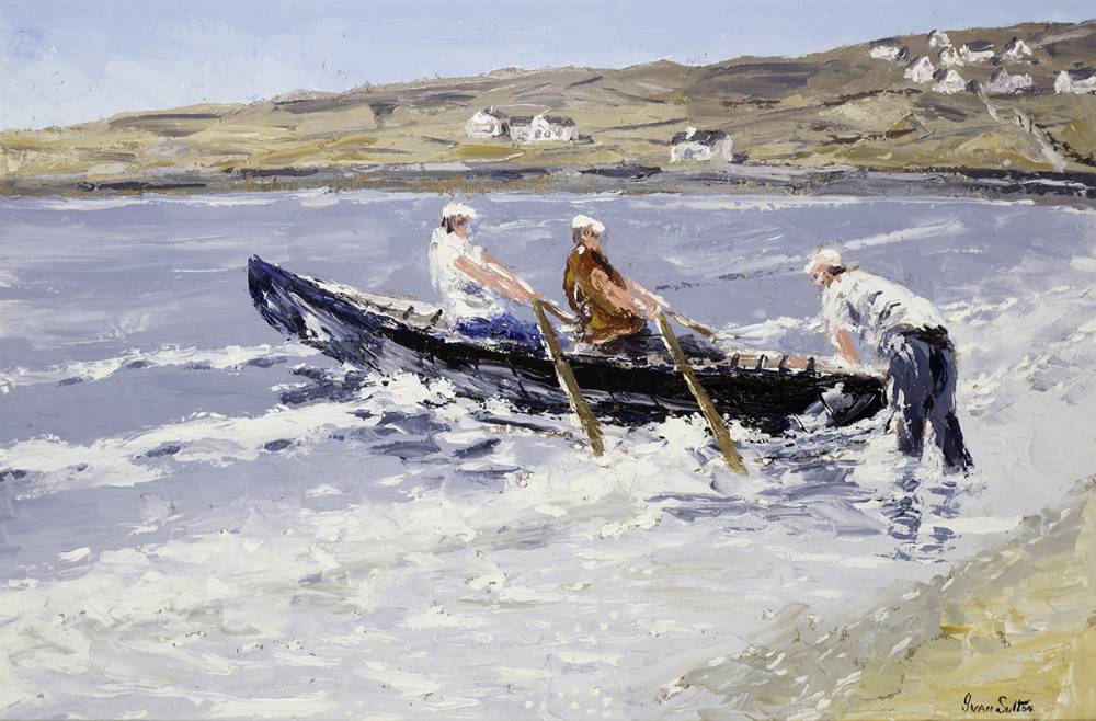 LAUNCHING CURRACH, KILMURVEY BEACH, ARAN MR, COUNTY GALWAY by Ivan Sutton (b.1944) at Whyte's Auctions