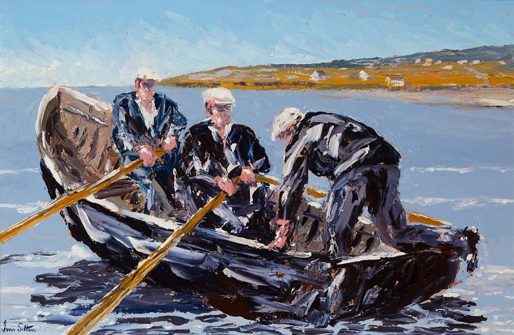 LAUNCHING CURRACH, KILMURVEY BEACH, ARAN MR, COUNTY GALWAY by Ivan Sutton (b.1944) at Whyte's Auctions