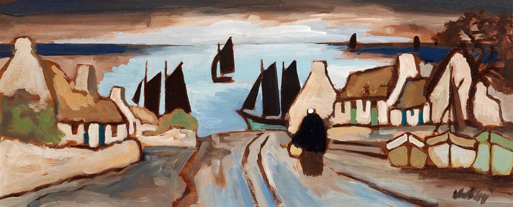 LADY IN SHAWL WITH COTTAGES AND SAILBOATS by Markey Robinson (1918-1999) at Whyte's Auctions