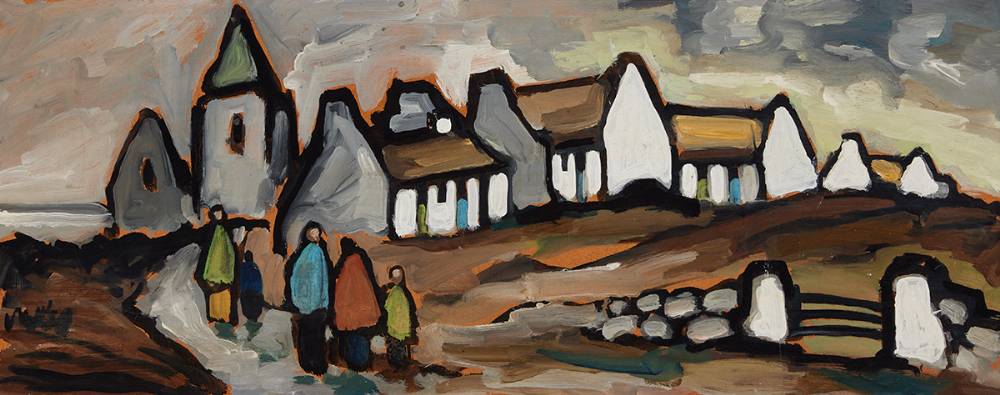 FIGURES WITH COTTAGES AND CHURCH by Markey Robinson (1918-1999) at Whyte's Auctions