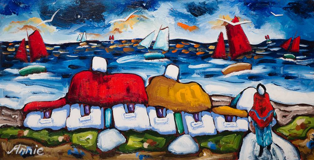 FIGURE WITH COTTAGES AND SAILBOATS by Annie Robinson sold for 1,500 at Whyte's Auctions
