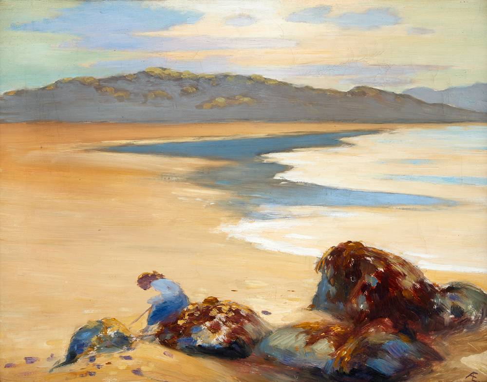 WOMAN ON MARBLE HILL STRAND, COUNTY DONEGAL by George Russell ('') sold for 7,000 at Whyte's Auctions