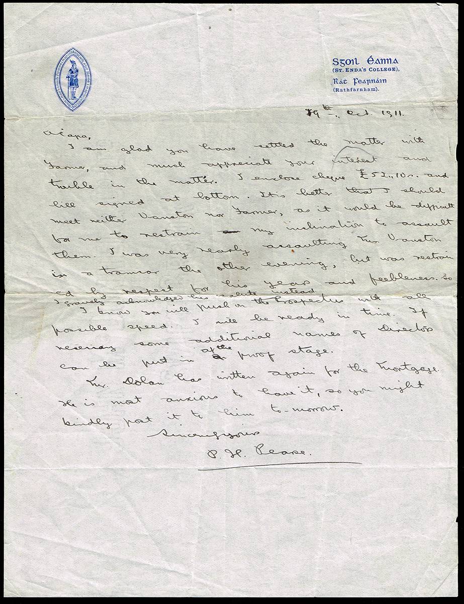 1911-1912 Pdraig Pearse correspondence concerning St Enda's. at Whyte's Auctions