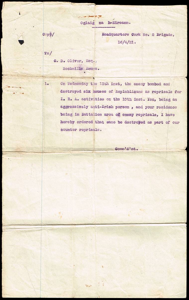 1921 (16 April) Cork IRA notice of destruction of a house at Rockmills as reprisal for destruction of houses of Republicans by the crown forces, and related documents. (4) at Whyte's Auctions