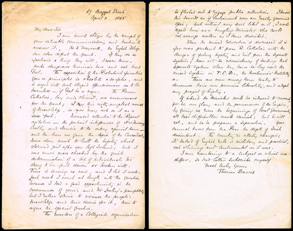 1845 (2 April) lengthy letter from Young Irelander leader Thomas Davis to Thomas Wyse MP at Whyte's Auctions
