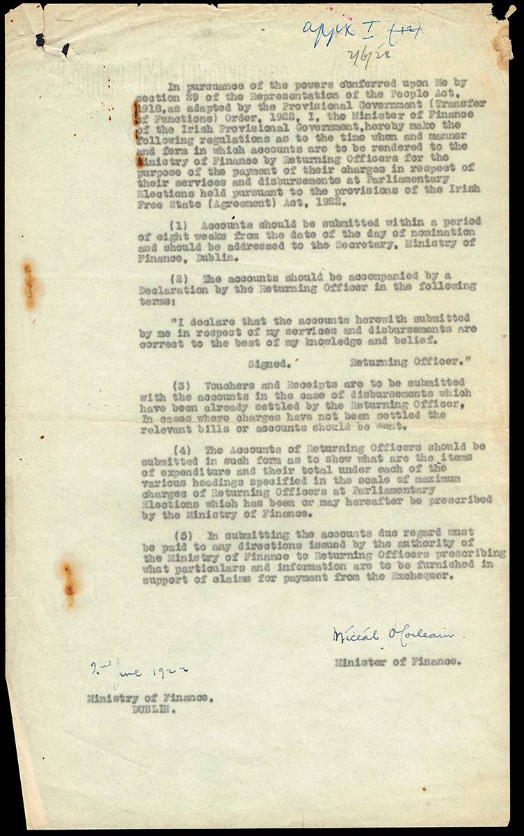 1922 (2 June). Michael Collins, Minister of Finance, signed regulations. at Whyte's Auctions