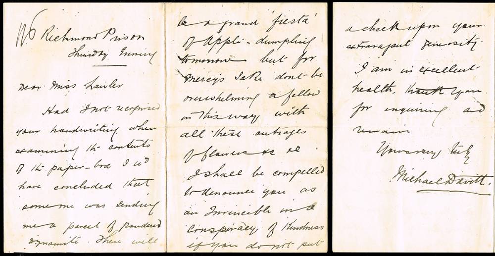1882-1883 letters handwritten by Michael Davitt, some from Richmond Prison. (6) at Whyte's Auctions