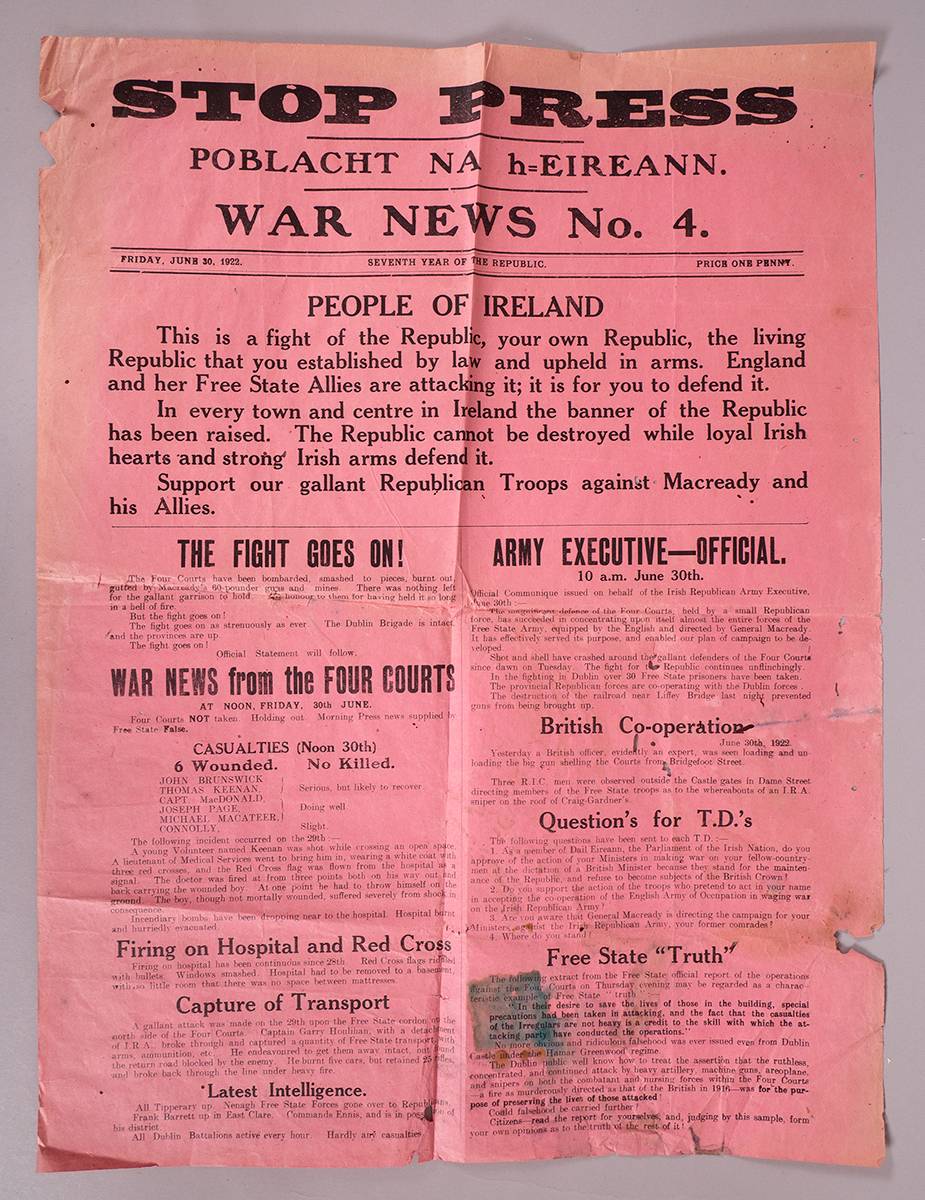 1922 (30 June) Civil War. War News No. 4 Stop Press from The Four Courts occupied by Anti-Treaty forces. at Whyte's Auctions