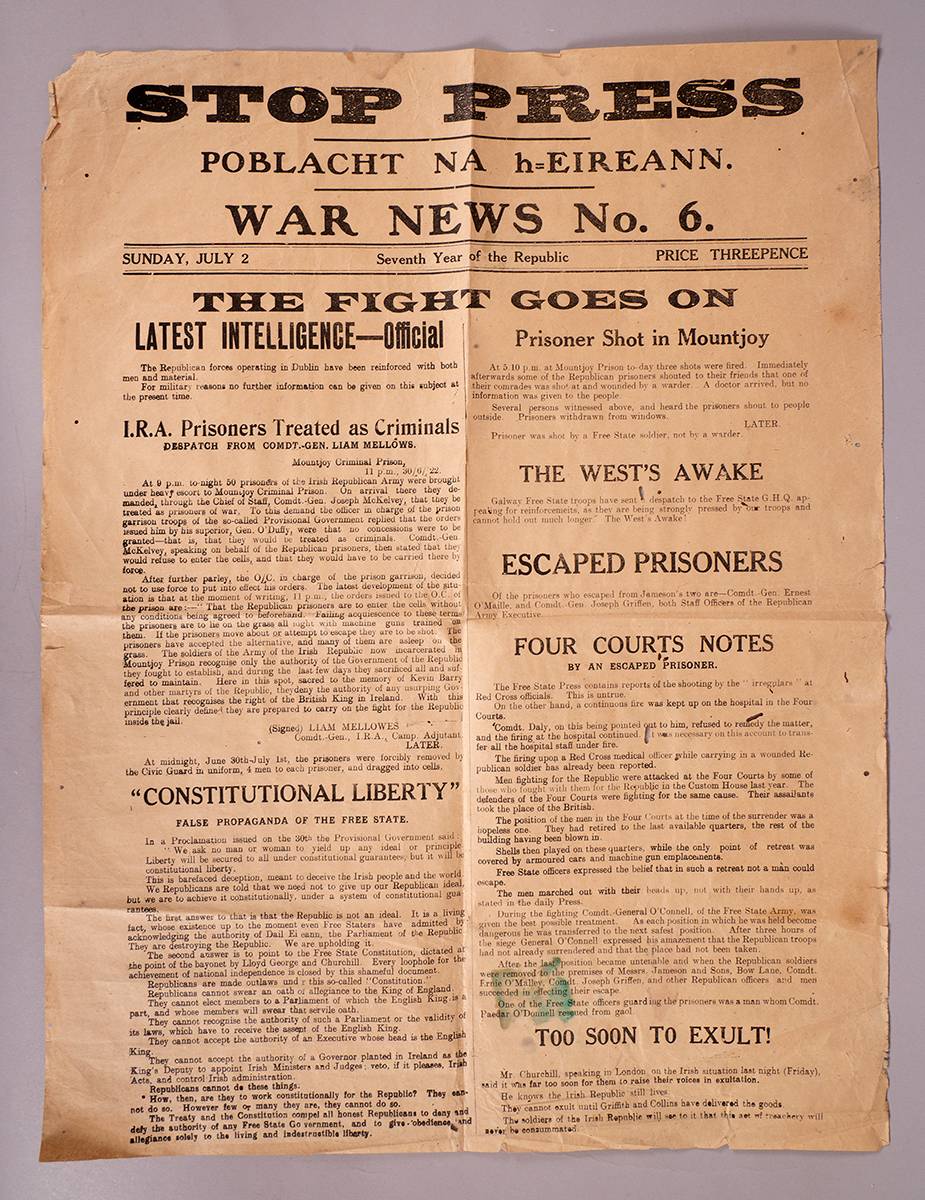 1922 (July 2) War News Stop Press No. 6 broadsheet - 'The Fight Goes On' at Whyte's Auctions