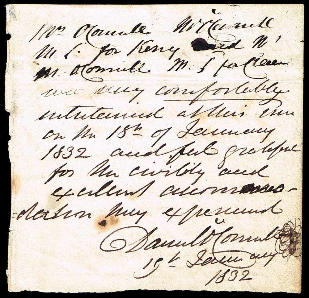 1832 (19 January) Daniel O'Connell signed note. at Whyte's Auctions