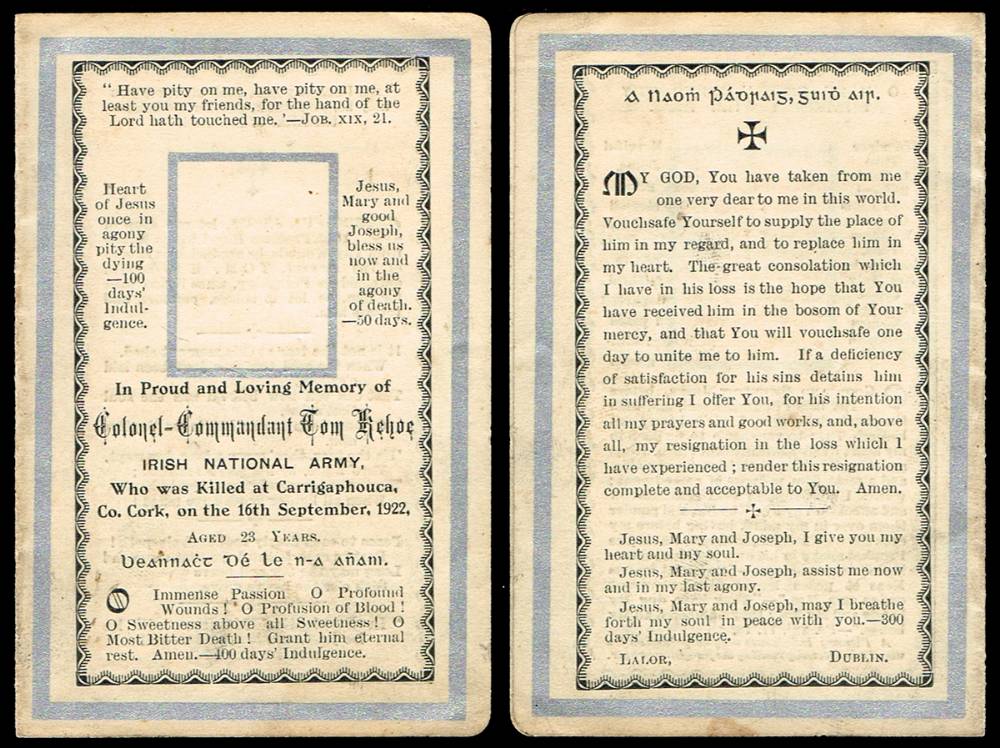1922 (16 September) rare in memoriam card for Colonel-Commandant Tom Kehoe. at Whyte's Auctions