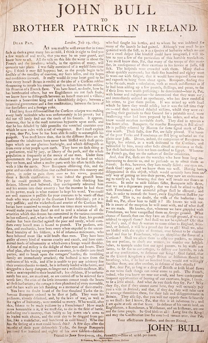 1803 (19 July) broadside 'JOHN BULL TO BROTHER PATRICK IN IRELAMND> at Whyte's Auctions