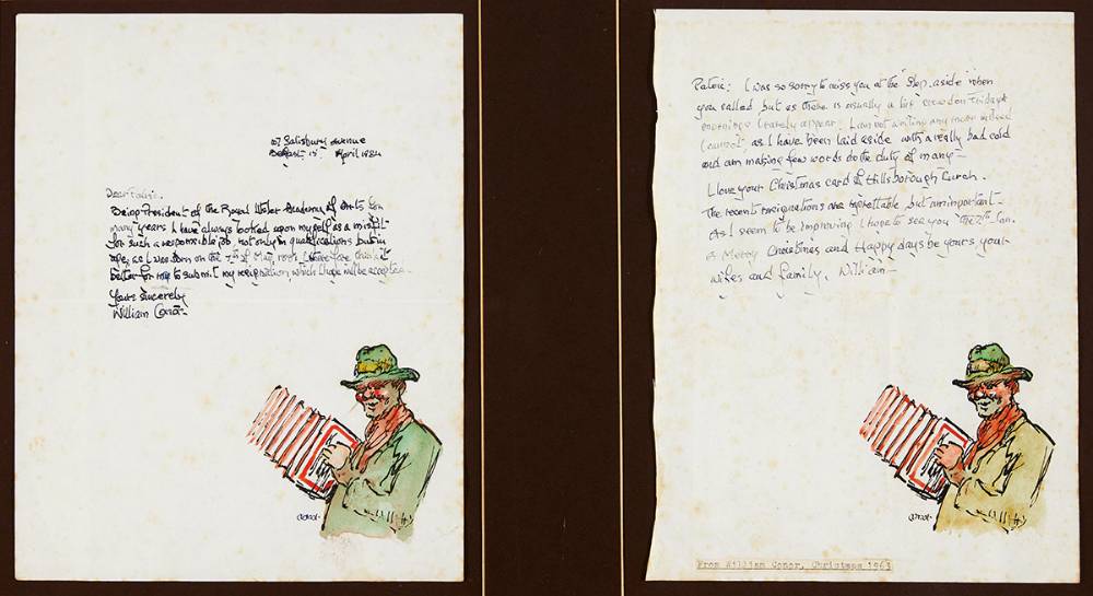 LETTERS TO FELLOW ARTIST PATRICK STEVENSON, CHRISTMAS 1963 and APRIL 1984 by William Conor OBE RHA RUA ROI (1881-1968) at Whyte's Auctions