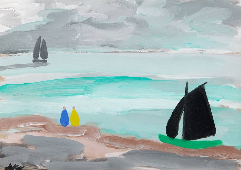 COASTAL SCENE WITH FIGURES AND SAILBOATS by Markey Robinson (1918-1999) at Whyte's Auctions