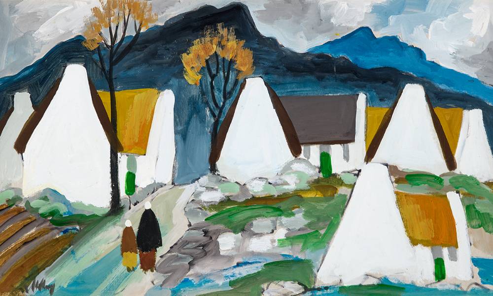 FIGURES BEFORE A VILLAGE, 1990 by Markey Robinson (1918-1999) at Whyte's Auctions