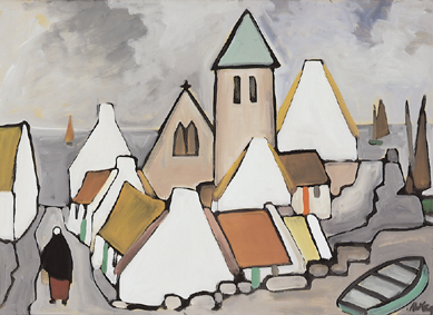 SEASIDE VILLAGE WITH SHAWLIE AND YACHTS by Markey Robinson (1918-1999) at Whyte's Auctions
