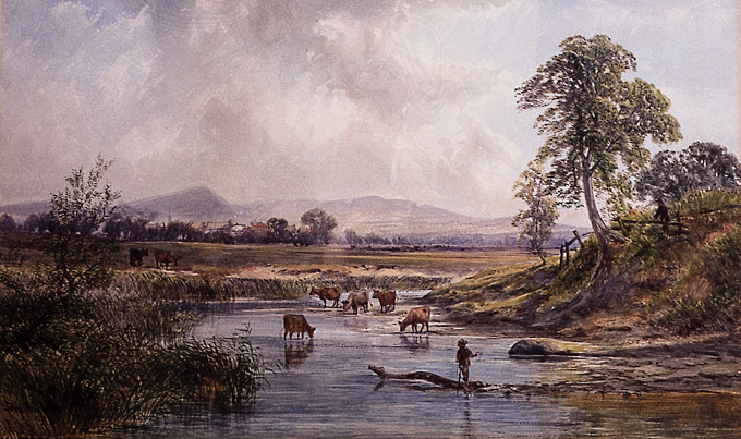 LANDSCAPE WITH CATTLE DRINKING IN RIVER, VILLAGE IN THE DISTANCE by John Faulkner RHA (1835-1894) at Whyte's Auctions