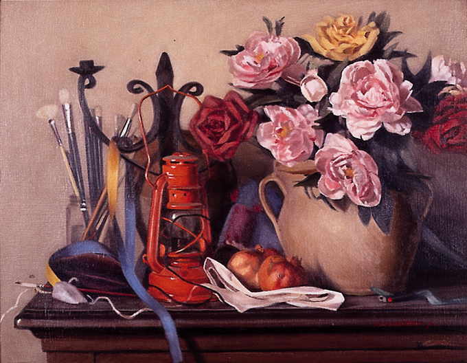 STILL LIFE - FLOWERS, PAINTBRUSHES ETC. by Therese McAllister (b.1951) at Whyte's Auctions