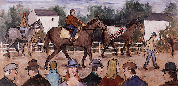 PADDOCK PARADE OF HORSES by Gladys Maccabe MBE HRUA ROI FRSA (1918-2018) MBE HRUA ROI FRSA (1918-2018) at Whyte's Auctions