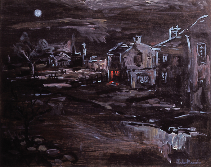 A VILLAGE AT NIGHT by Gladys Maccabe MBE HRUA ROI FRSA (1918-2018) at Whyte's Auctions