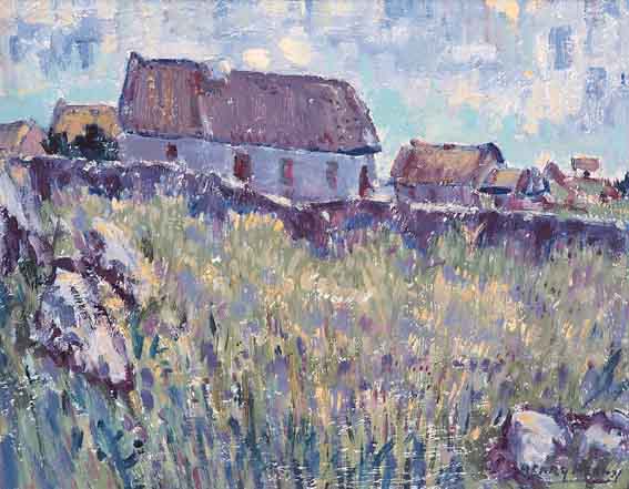 GALWAY LANDSCAPE (COTTAGES IN MAUVE) by Henry Healy sold for 1,904 at Whyte's Auctions