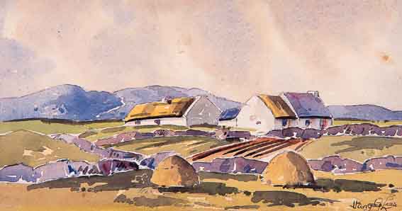 THATCHED COTTAGES IN LANDSCAPE by Harry G. Lees (fl.1940s) (fl.1940s) at Whyte's Auctions