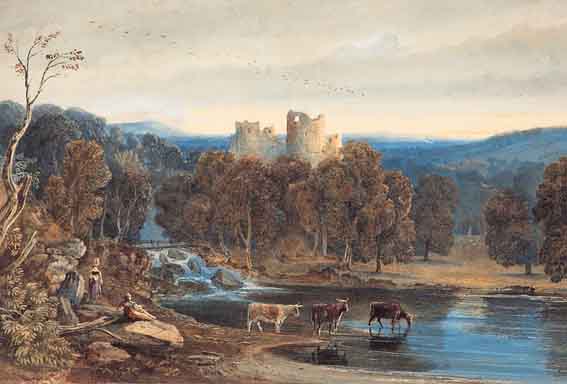 FIGURES AND CATTLE BY A RIVER WITH CASTLE RUINS BEYOND by George Barret Junior (1767-1842) at Whyte's Auctions