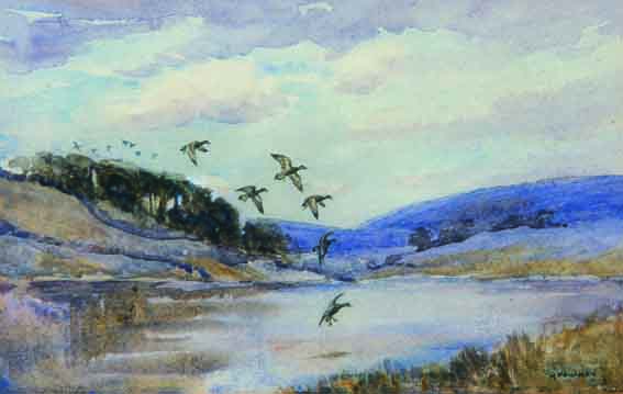 WILD DUCK OVER A LOUGH IN CO. MAYO by Hugh Monahan (1914-1970) (1914-1970) at Whyte's Auctions