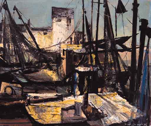 EVENING LIGHT - TRAWLERS AND FISHING NETS by Kenneth Webb RWA FRSA RUA (b.1927) at Whyte's Auctions
