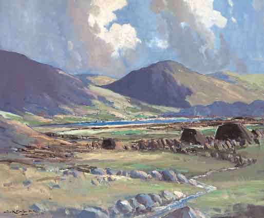BOG LANDSCAPE WITH LOUGH AND MOUNTAINS IN DISTANCE by George K. Gillespie RUA (1924-1995) at Whyte's Auctions