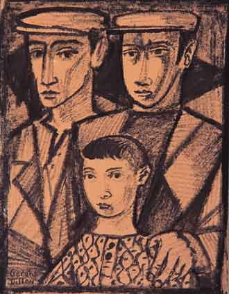 GROUP PORTRAIT - TWO WORKING MEN AND A YOUNG GIRL by Gerard Dillon (1916-1971) at Whyte's Auctions