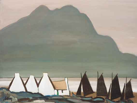 COTTAGES AND BOATS AT THE FOOT OF A MOUNTAIN by Markey Robinson (1918-1999) at Whyte's Auctions
