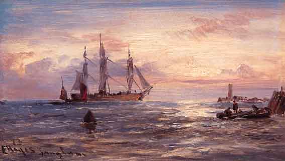 SAILING BOAT AT SUNSET WITH LOOKOUT TOWER IN DISTANCE by Edwin Hayes RHA RI ROI (1819-1904) at Whyte's Auctions