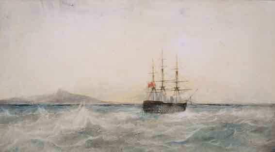 A BRITISH SHIP OFF ST HELENA (WITH FLYING FISH IN FOREGROUND) by Andrew Nicholl RHA (1804-1886) at Whyte's Auctions