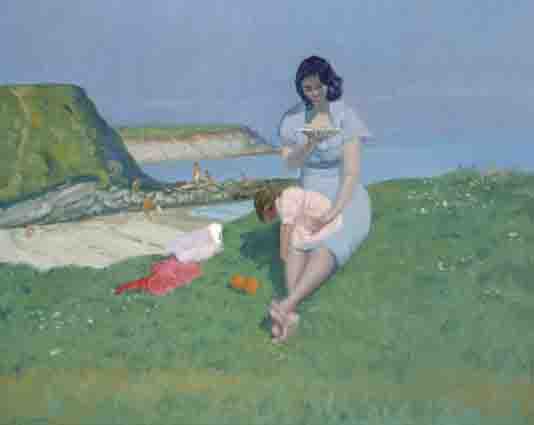 MOTHER AND CHILD BY THE SEASIDE by Patrick Leonard HRHA (1918-2005) at Whyte's Auctions