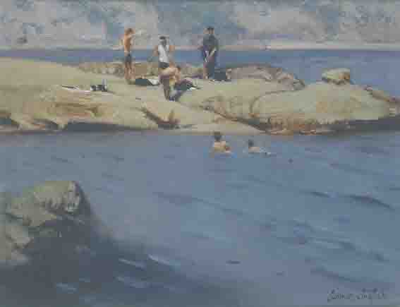 BATHING OFF THE ROCKS by James English sold for �2,793 at Whyte's Auctions