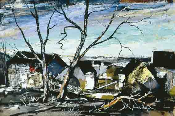 BLACK ROOFED COTTAGES IN A WINTER LANDSCAPE by Kenneth Webb RWA FRSA RUA (b.1927) at Whyte's Auctions