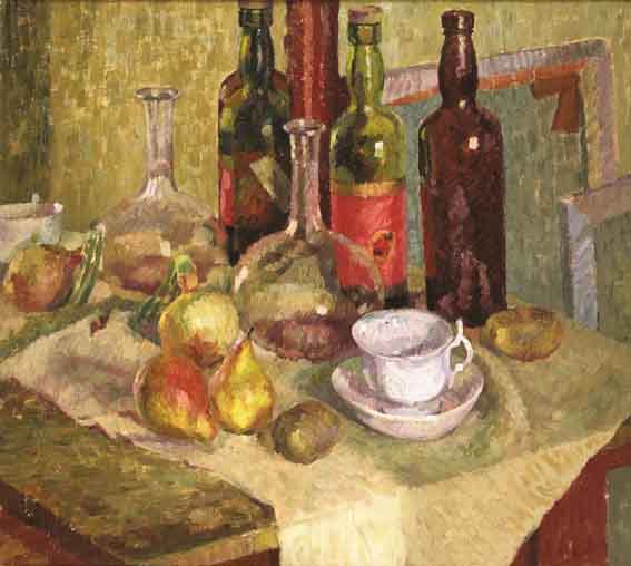 STILL LIFE IN THE STUDIO, WITH BOTTLES AND FRUIT by Gwen Smith  at Whyte's Auctions